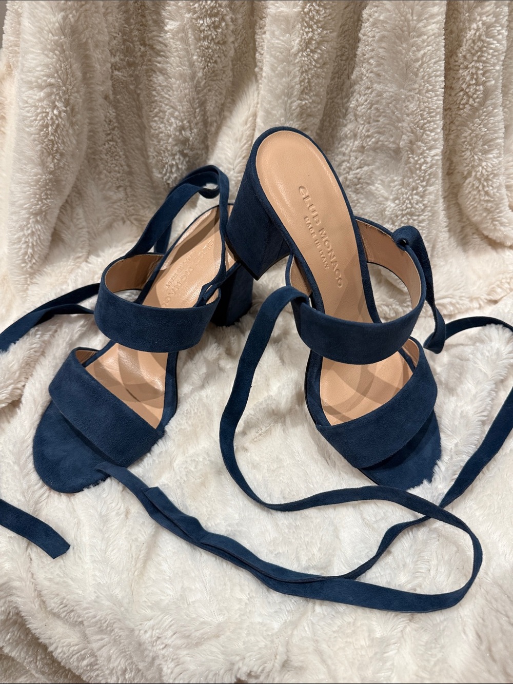 Club Monaco Navy Suede Wrap-Strap Block Heel Sandals